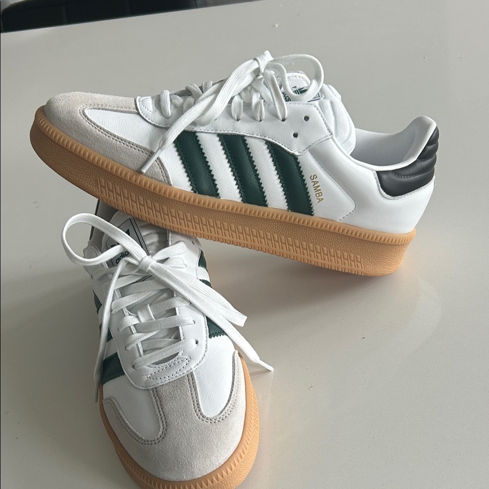 adidas White Samba XLG Sneakers with Green Stripes and Gum Sole 10.5M 11.5W